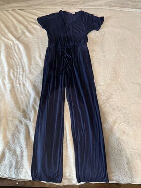 Chelsea Navy Blue Short Sleeve Wide-Leg V-Neck Tie Waist Women's Jumpsuit